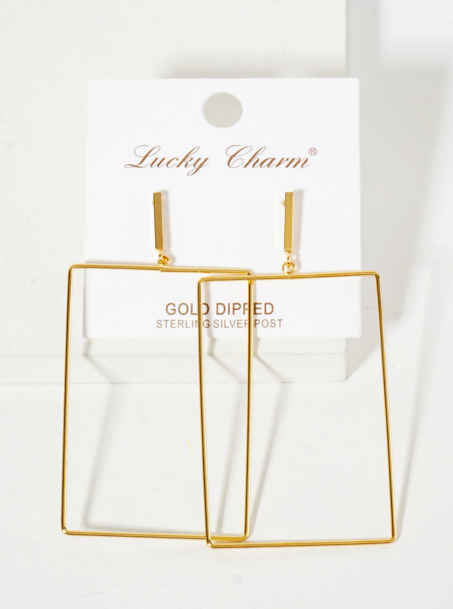 Polished Brass 2-inch Delicate Rectangle Drop 18K-Gold-Dipped Earrings