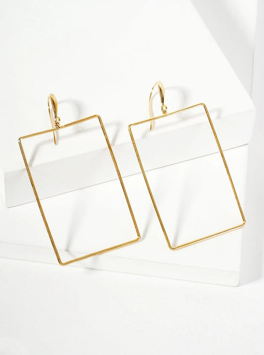Polished Brass 2-inch Delicate Rectangle Drop 18K-Gold-Dipped Fish-Hook Earrings