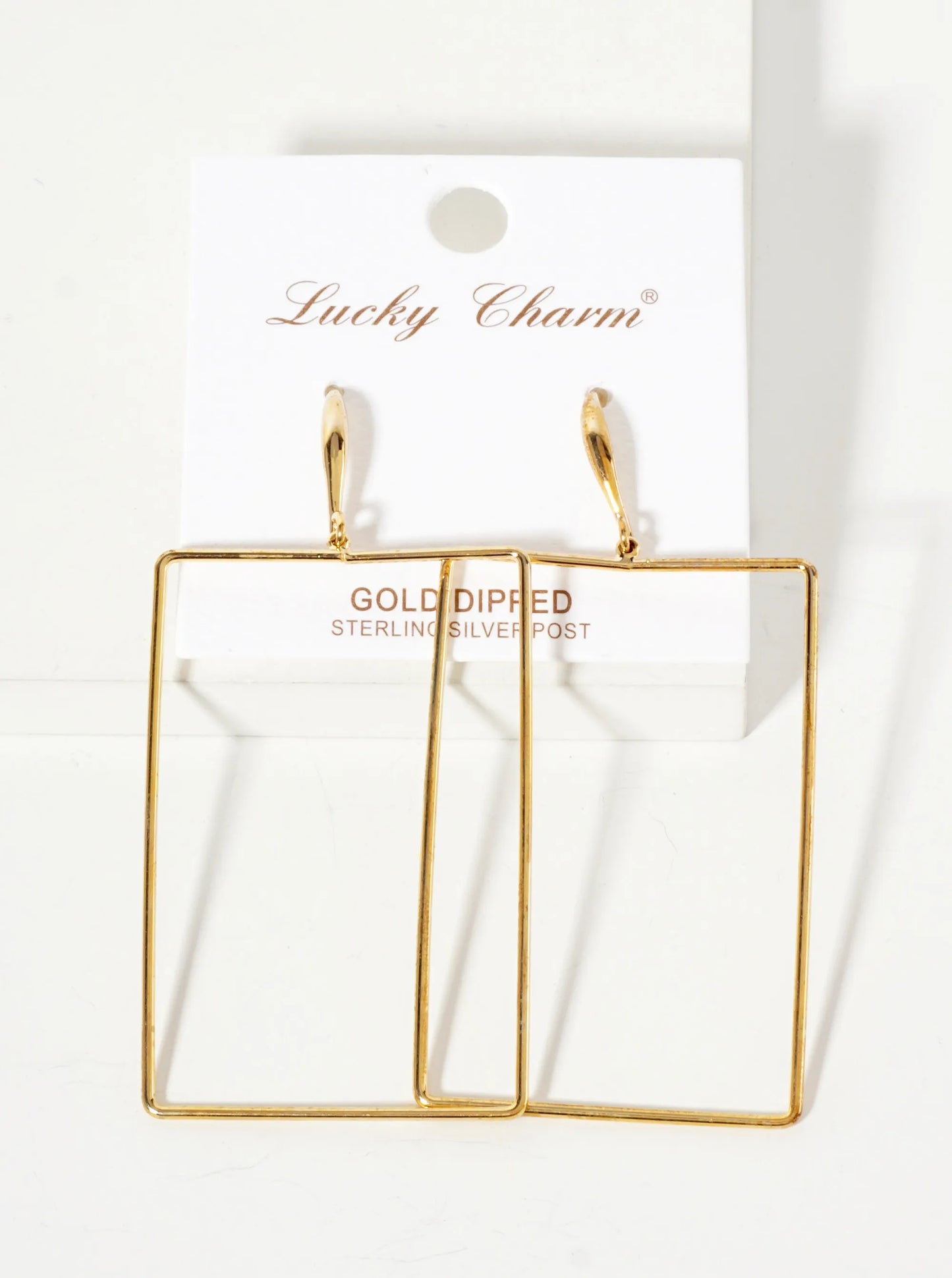 Polished Brass 2-inch Delicate Rectangle Drop 18K-Gold-Dipped Fish-Hook Earrings
