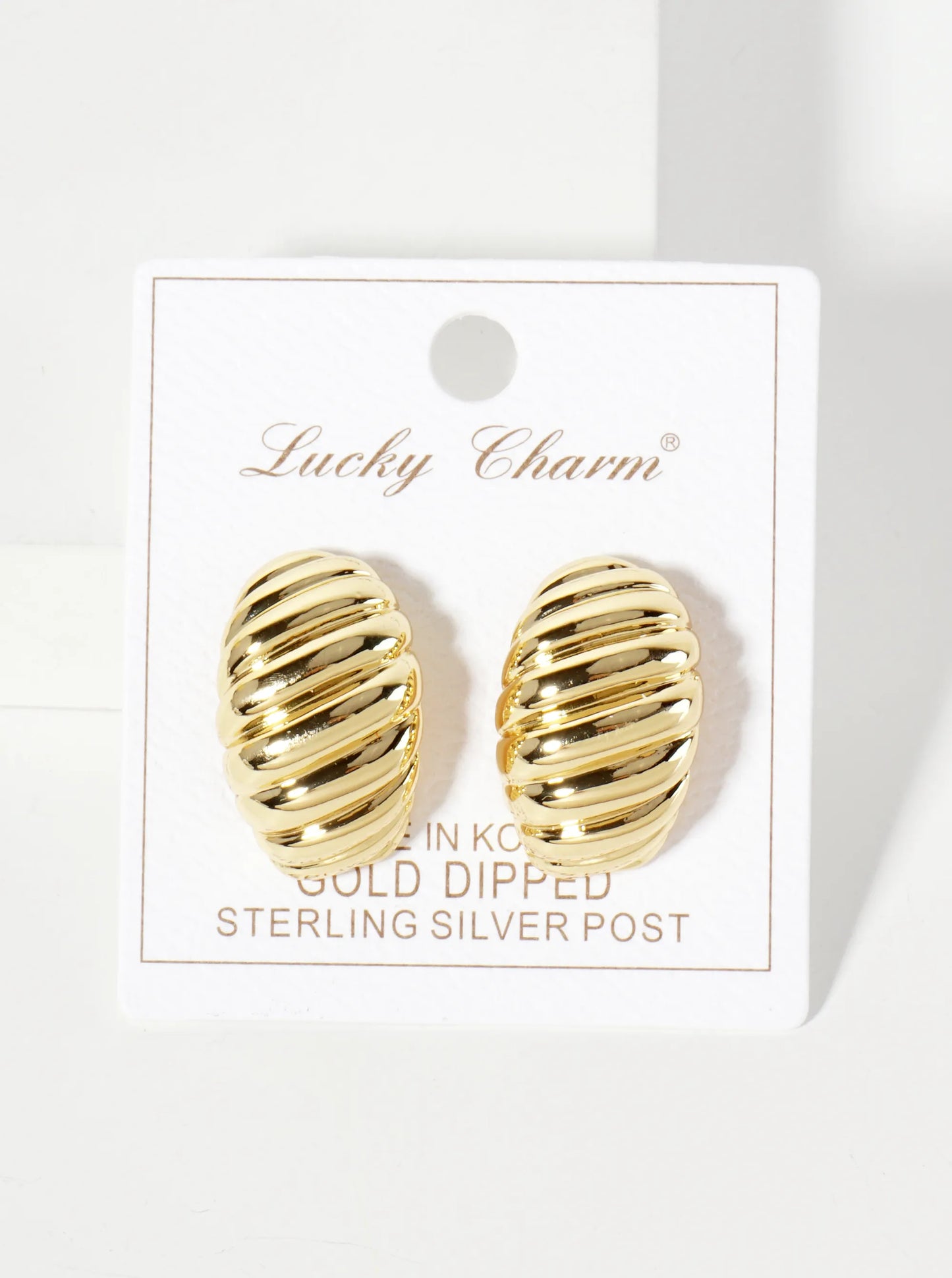 Polished Brass 25mm Ribbed 18K-Gold-Dipped Soft-Curve Oval Post Earrings