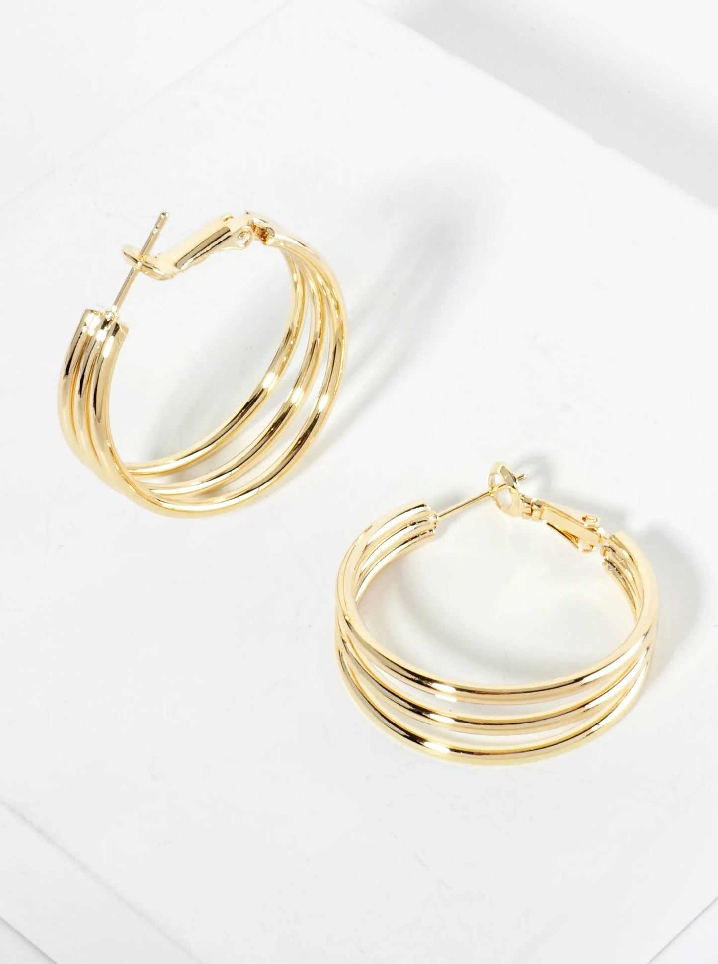 Polished Brass 30mm 3-Layer 14K-Gold-Dipped Latch-Back Hoop Earrings