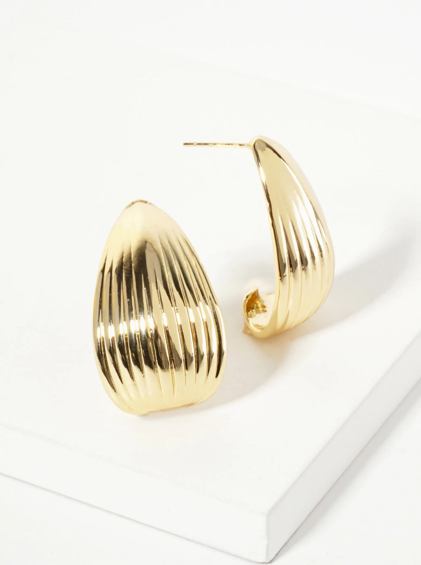 Polished Brass 30mm Ribbed Teardrop 18K-Gold-Dipped Earrings