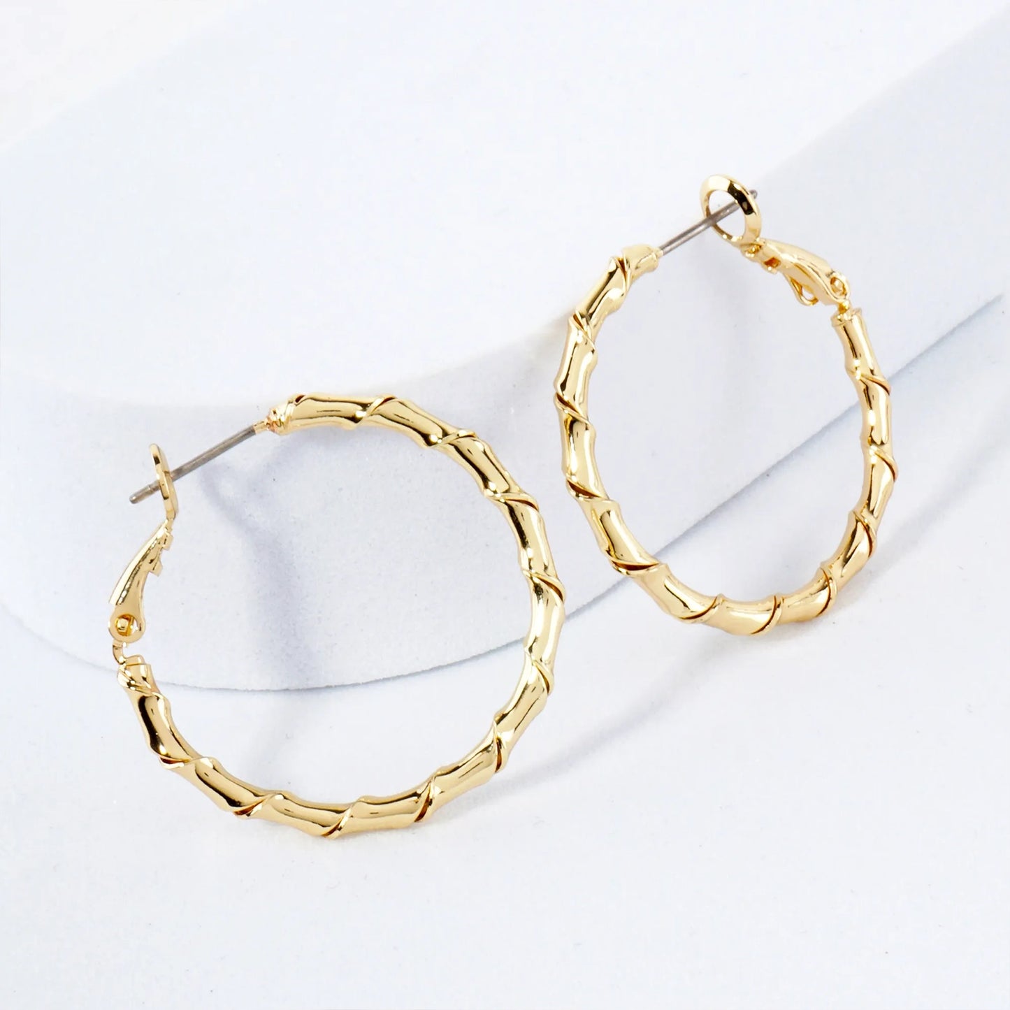 Polished Brass 30mm Twisted Design Detailed Omega-Back Hoop Earrings