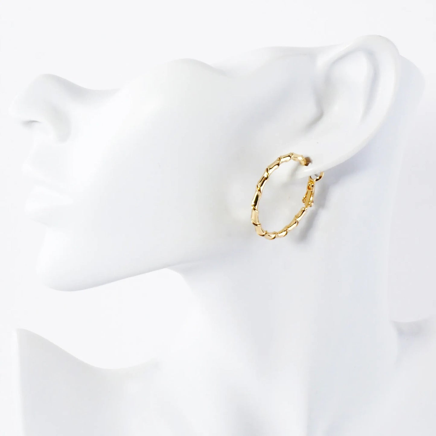 Polished Brass 30mm Twisted Design Detailed Omega-Back Hoop Earrings