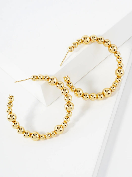 Polished Brass Ball-Beaded 14K-Gold-Dipped 30mm Open Hoop Earrings
