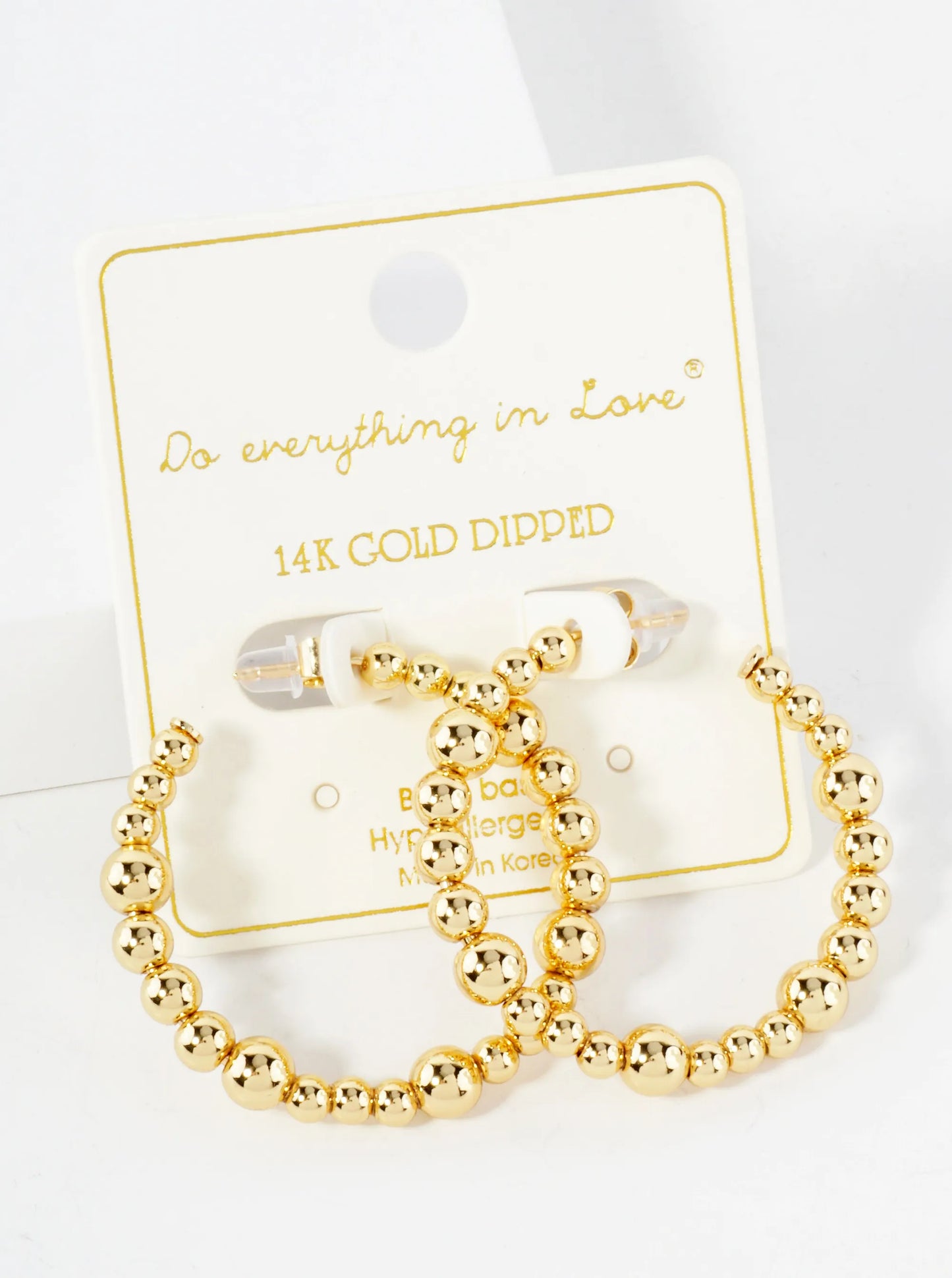 Polished Brass Ball-Beaded 14K-Gold-Dipped 30mm Open Hoop Earrings
