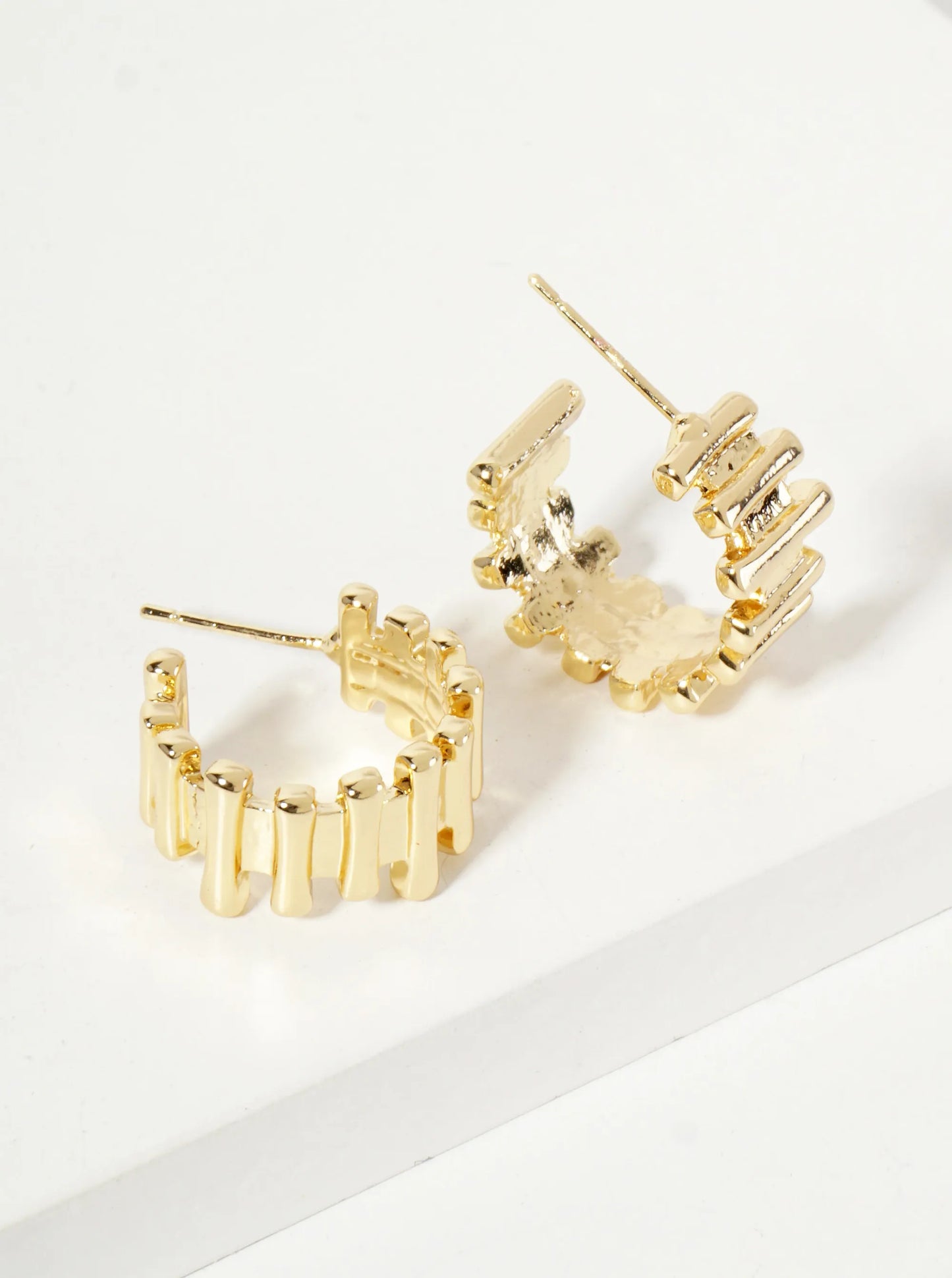 Polished Brass Bar-Texture 15mm 18K-Gold-Dipped Open Hoop Earrings