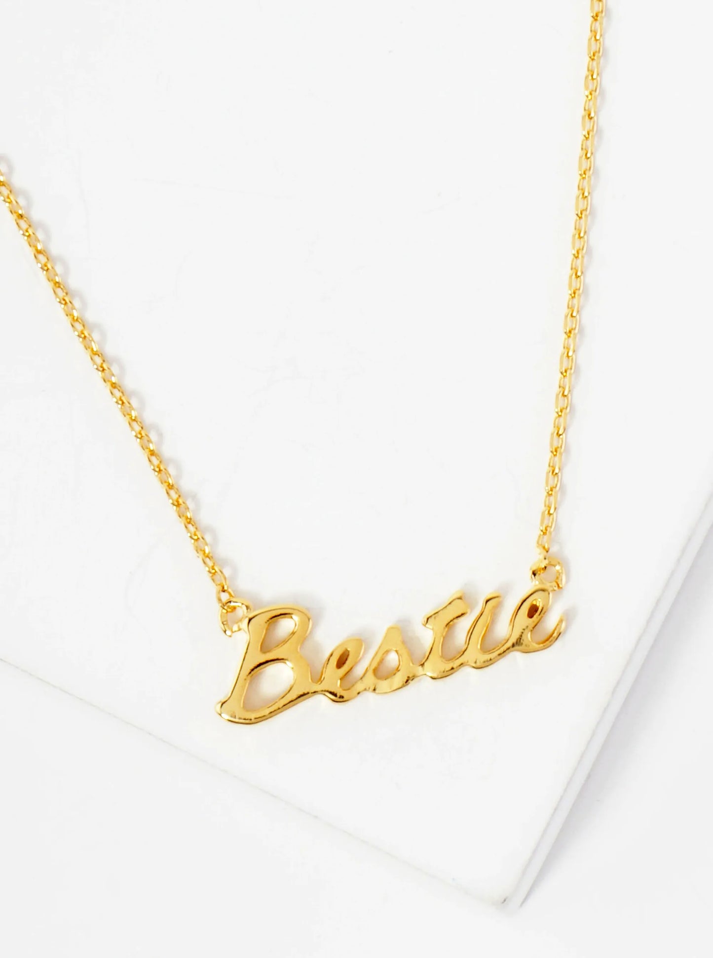 Polished Brass Bestie Word Pendant Hypoallergenic 18K-Gold-Dipped Station Necklace