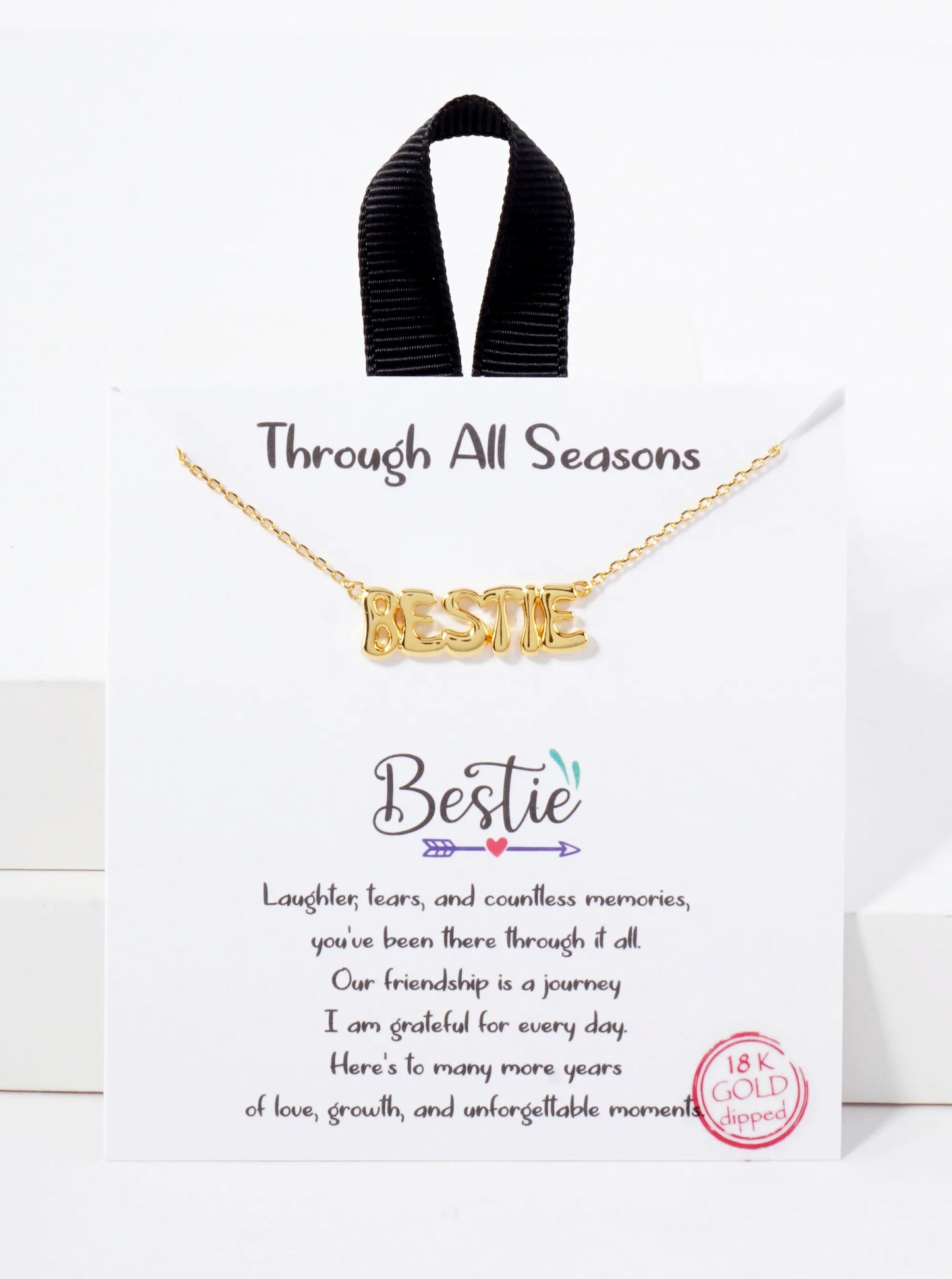 Polished Brass Bestie Word Pendant Hypoallergenic 18K-Gold-Dipped Station Necklace