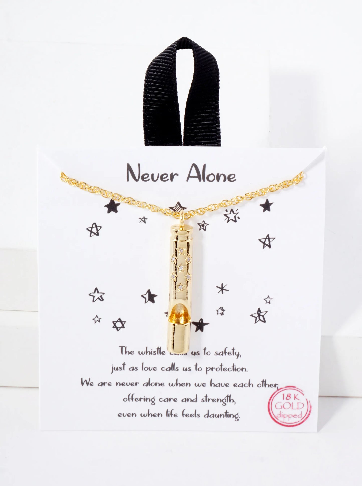 Polished Brass CZ Pave Safety Whistle Pendant Hypoallergenic 18K-Gold-Dipped Necklace