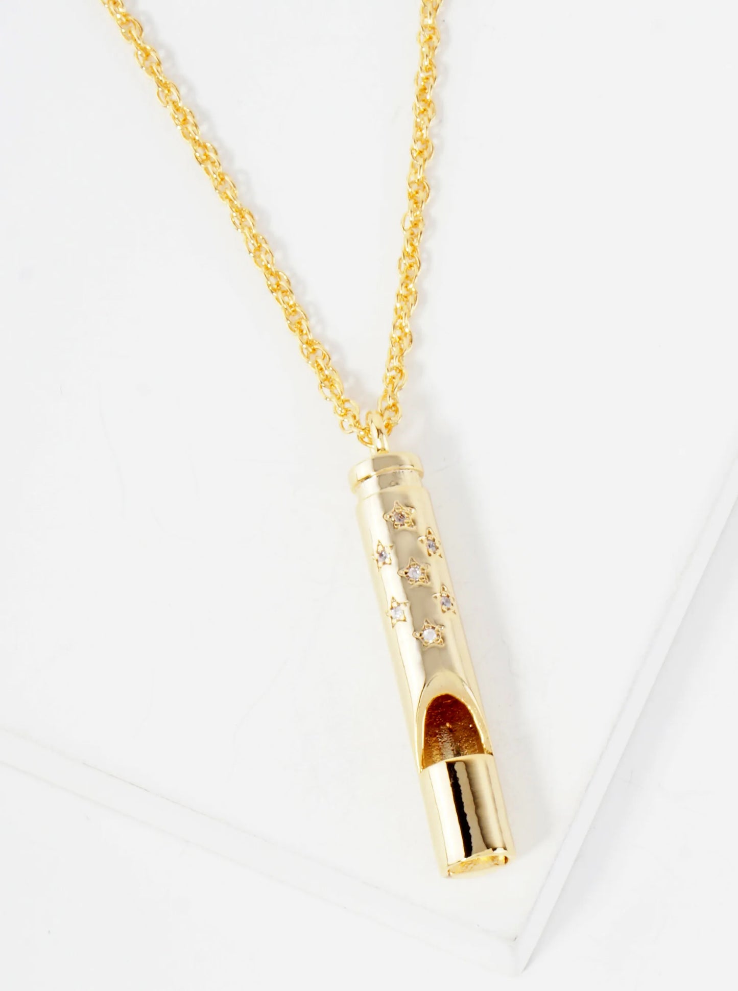 Polished Brass CZ Pave Safety Whistle Pendant Hypoallergenic 18K-Gold-Dipped Necklace