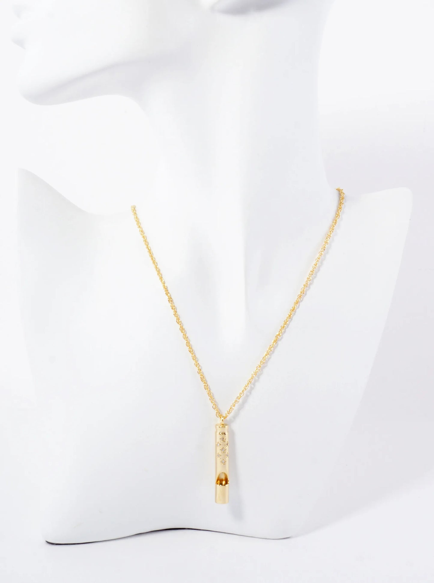 Polished Brass CZ Pave Safety Whistle Pendant Hypoallergenic 18K-Gold-Dipped Necklace