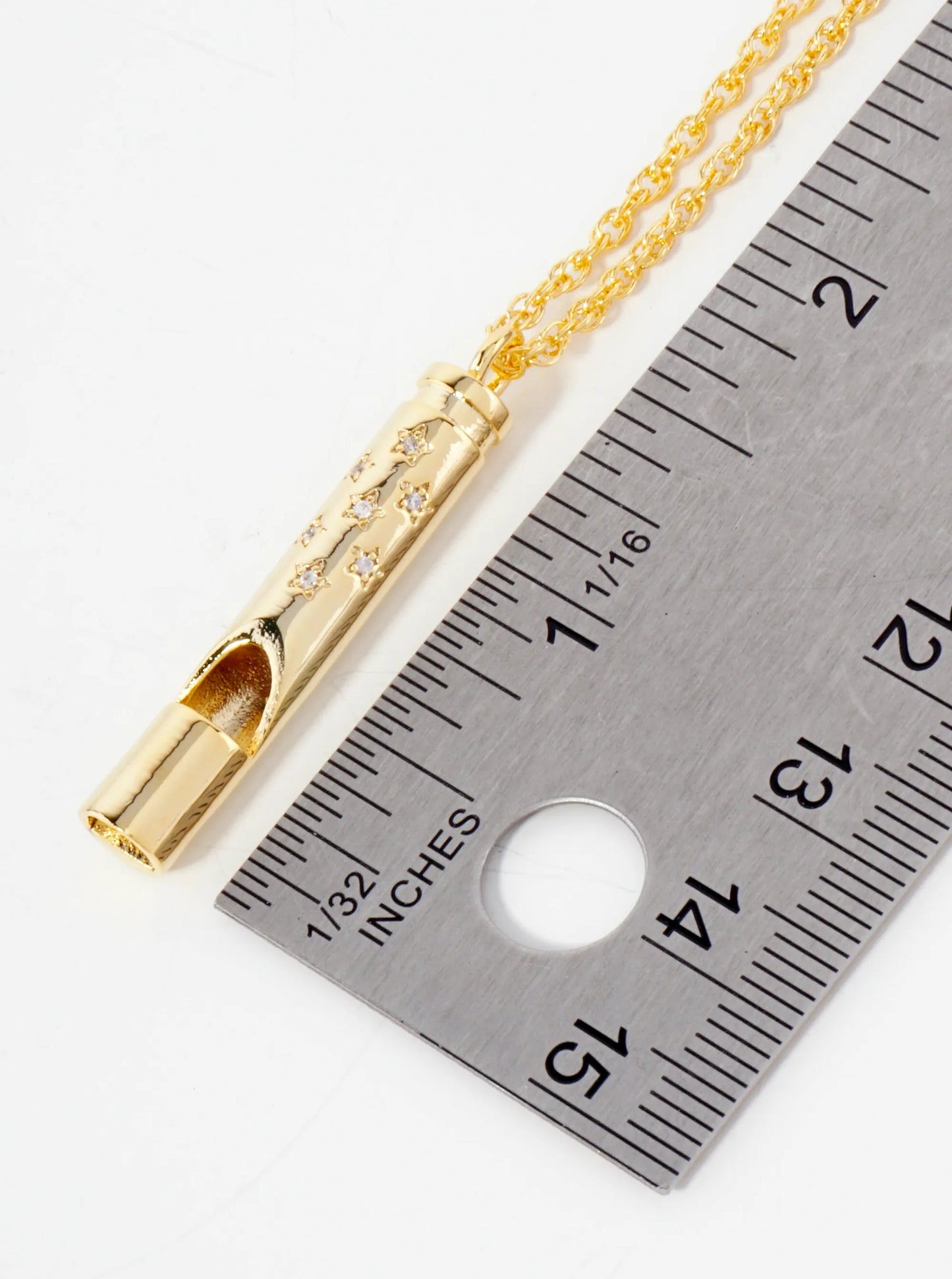 Polished Brass CZ Pave Safety Whistle Pendant Hypoallergenic 18K-Gold-Dipped Necklace