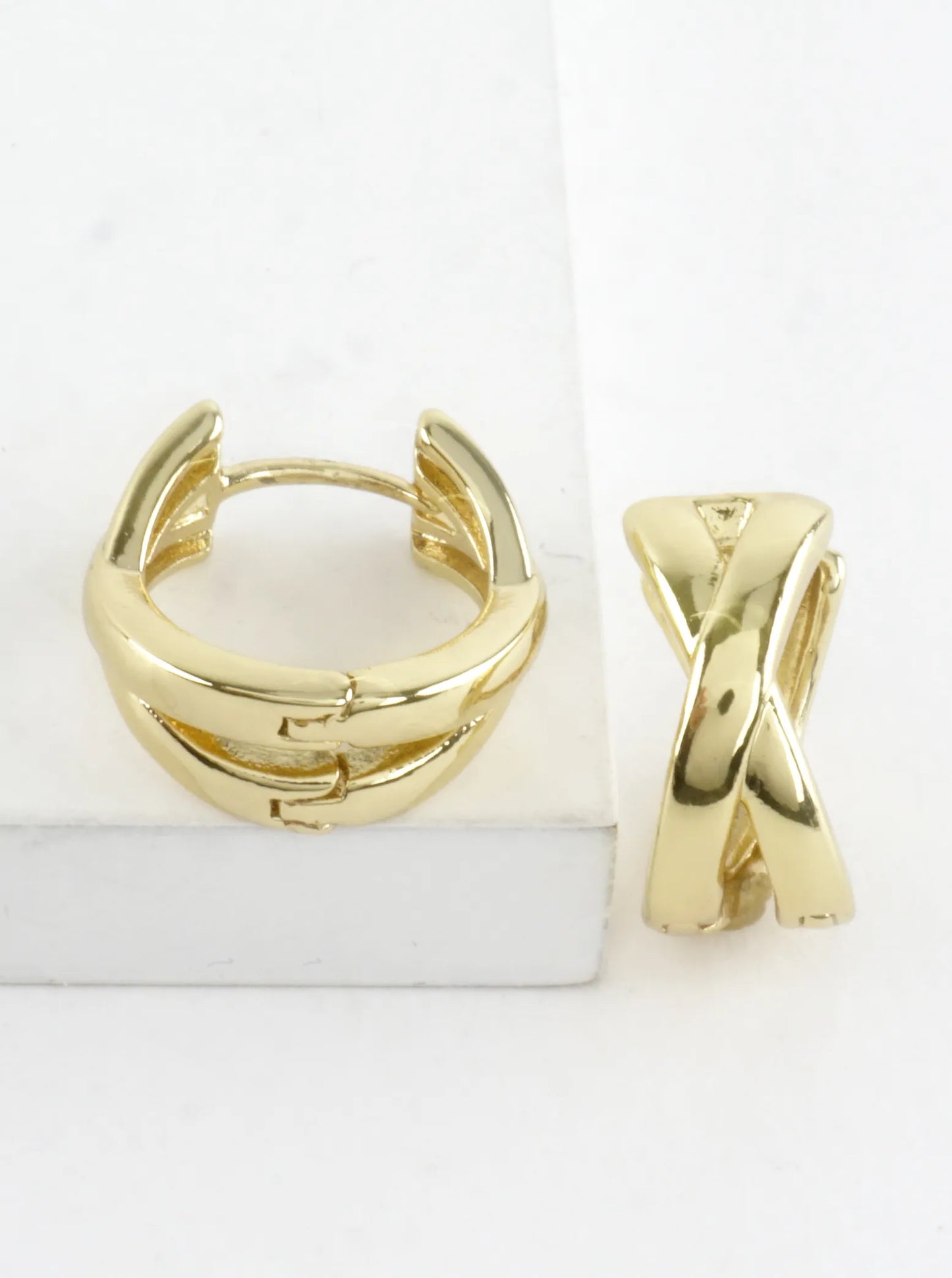 Polished Brass Crossover X Huggie Hoop Earrings
