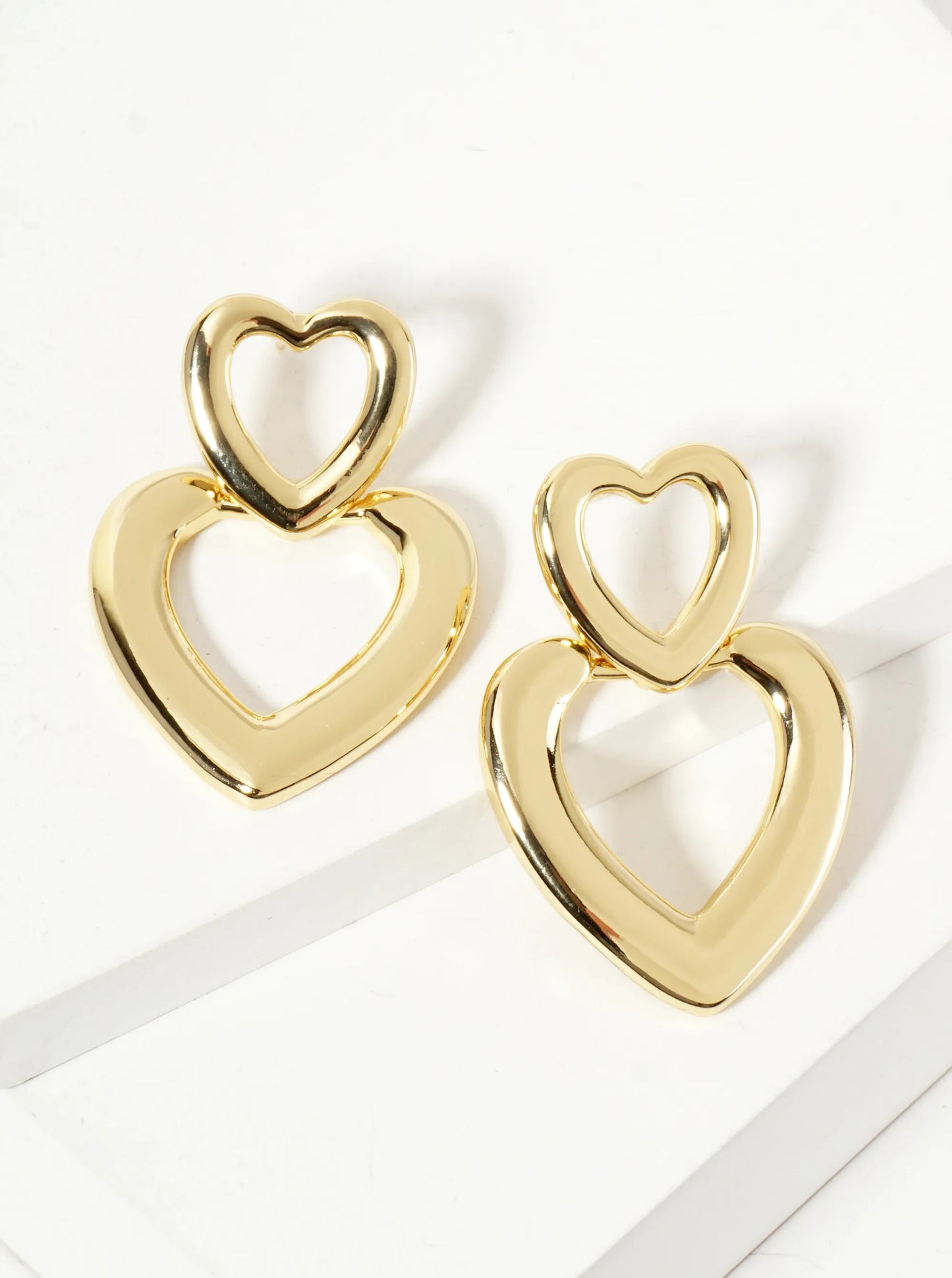 Polished Brass Cutout Double Heart Drop 18K-Gold-Dipped Dangle Earrings