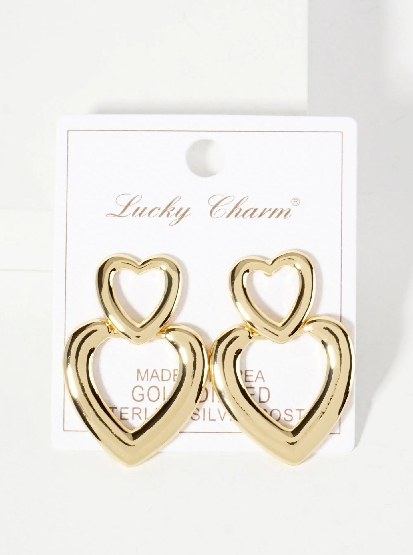 Polished Brass Cutout Double Heart Drop 18K-Gold-Dipped Dangle Earrings