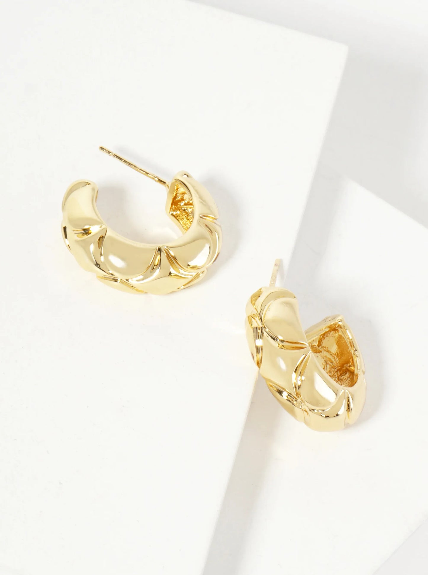 Polished Brass Diamond-Shaped Patterns At-the-Center 20mm 18K-Gold-Dipped Hoop Earrings
