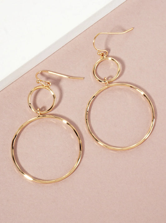 Polished Brass Double Circle Drop Lightweight Dangle Earrings