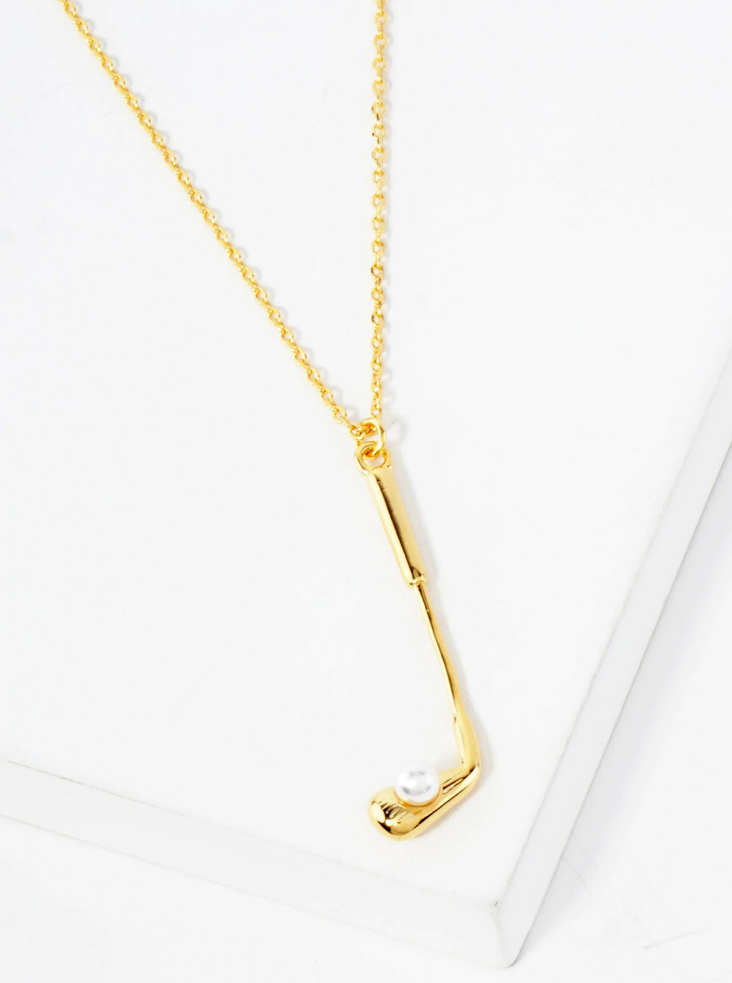 Polished Brass Golf Club With Pearl Pendant Hypoallergenic 18K-Gold-Dipped Station Necklace