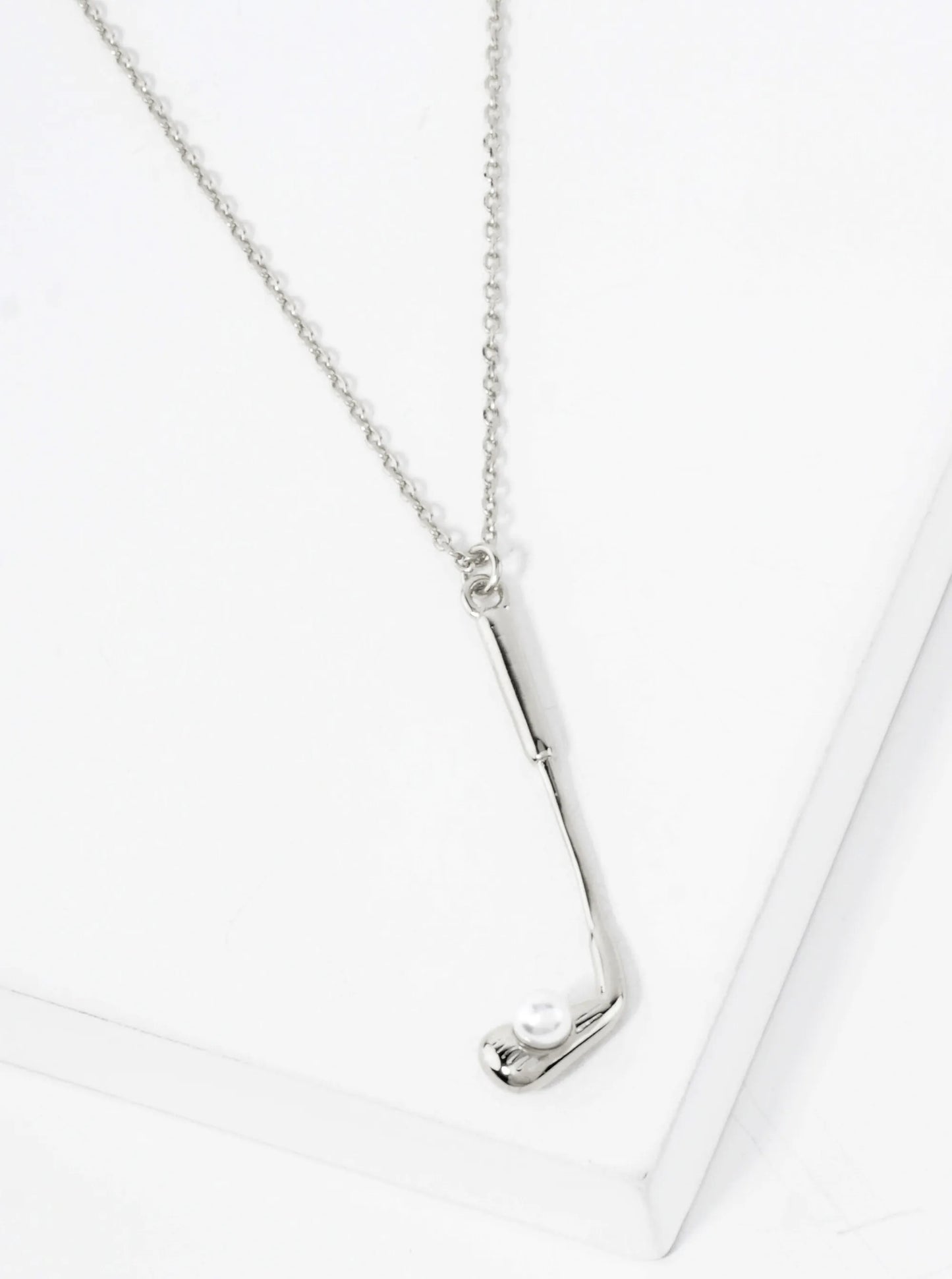Polished Brass Golf Club With Pearl Pendant Hypoallergenic 18K-Gold-Dipped Station Necklace