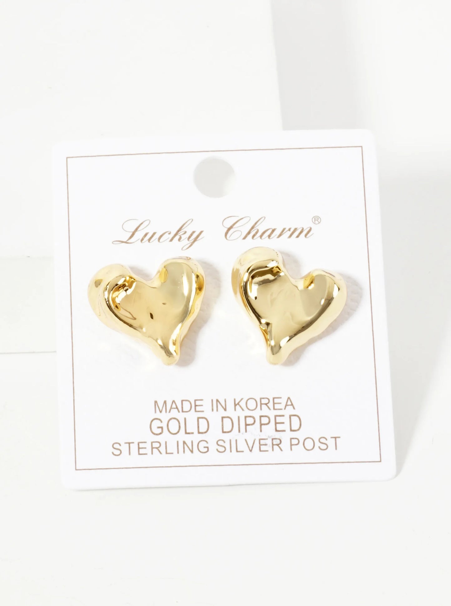 Polished Brass Hand-Pressed 18K-Gold-Dipped Button Heart Stud Earrings