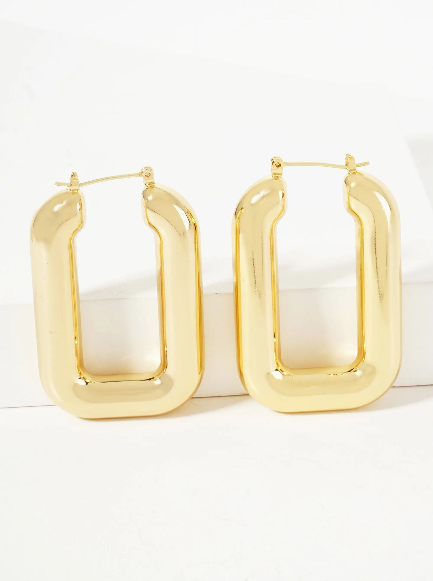 Polished Brass Hollow Rectangle Tube 18K-Gold-Dipped Latch-Back Hoop Earrings