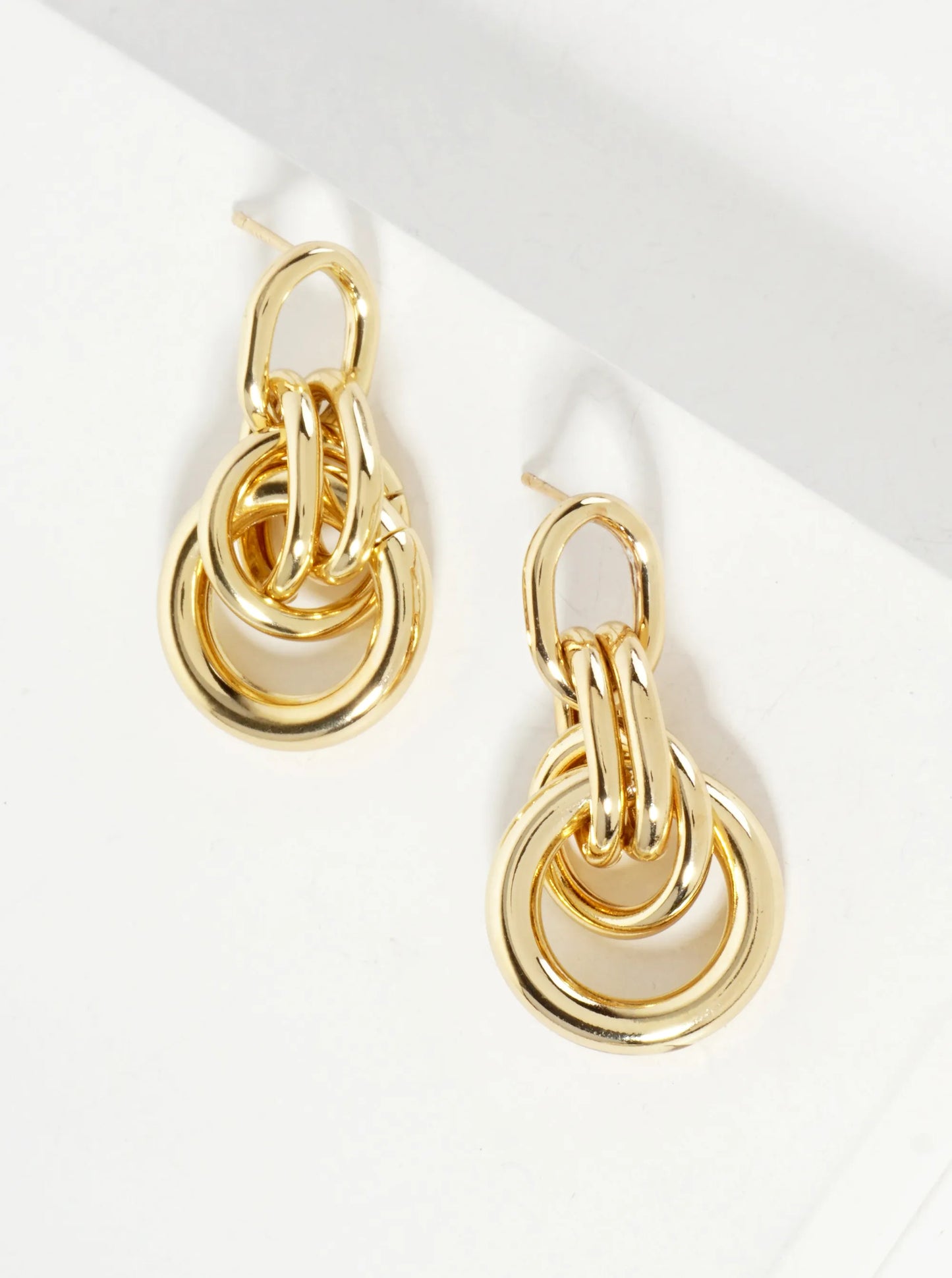 Polished Brass Interlocking Circles Drop 18K-Gold-Dipped Earrings