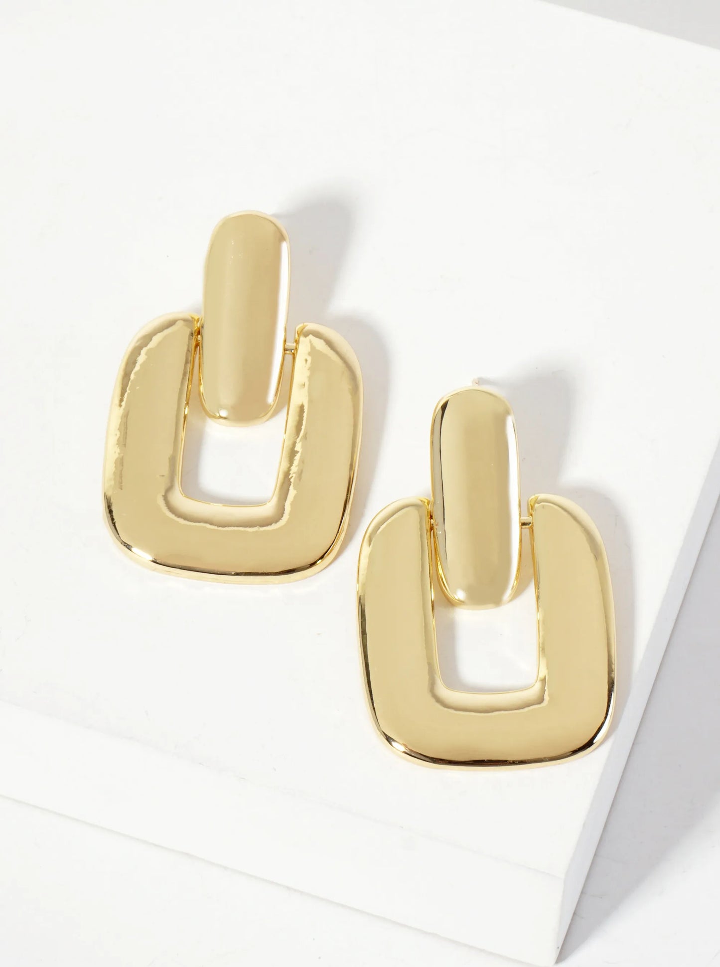 Polished Brass Rectangle Doorknocker Design 18K-Gold-Dipped Dangle Post Earrings