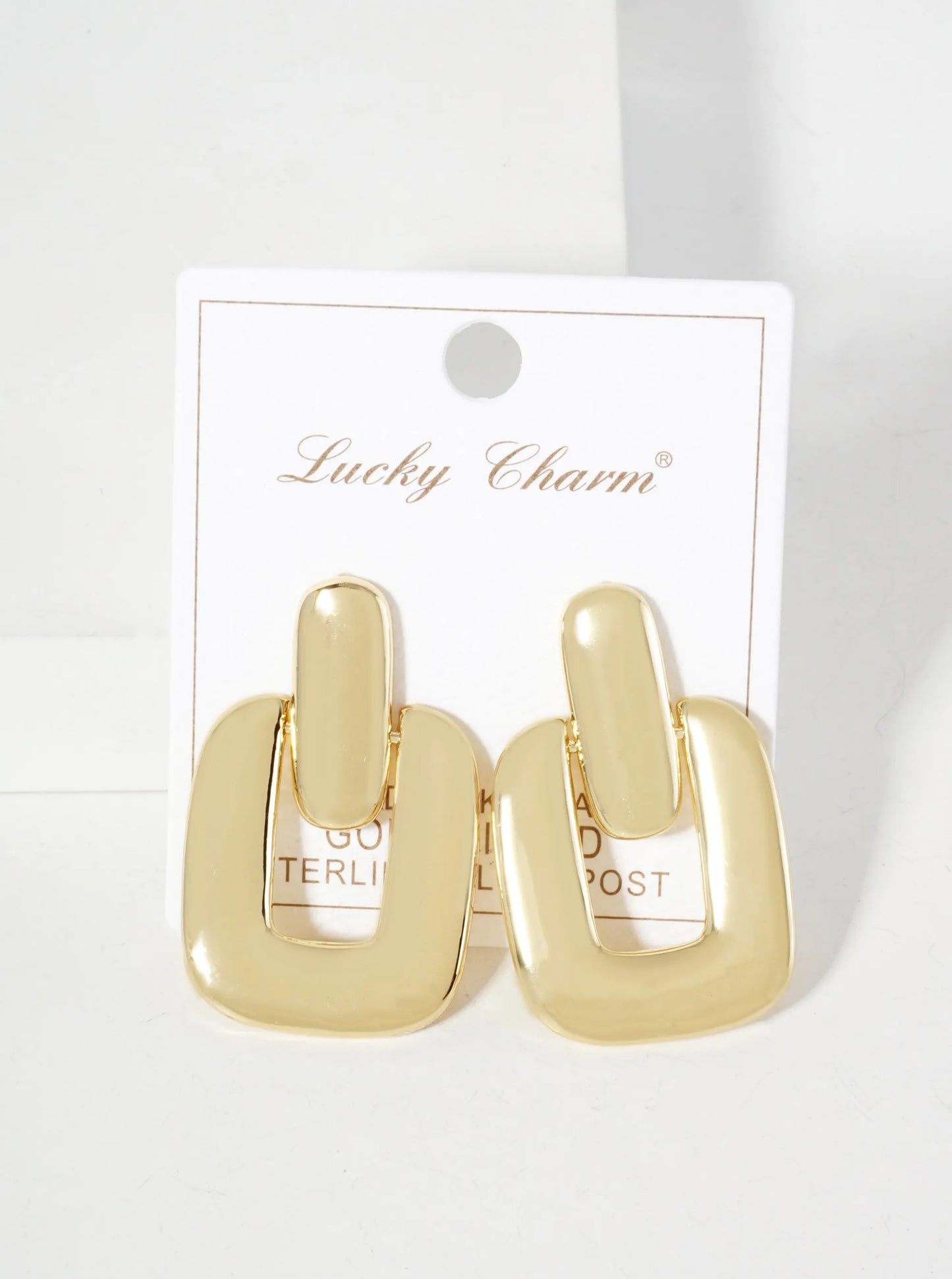 Polished Brass Rectangle Doorknocker Design 18K-Gold-Dipped Dangle Post Earrings