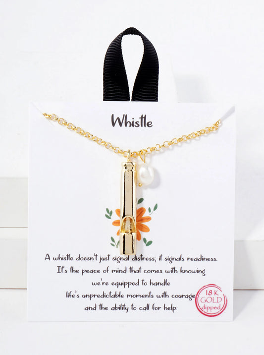 Polished Brass Safety Whistle With Pearl Pendant Hypoallergenic 18K-Gold-Dipped Necklace