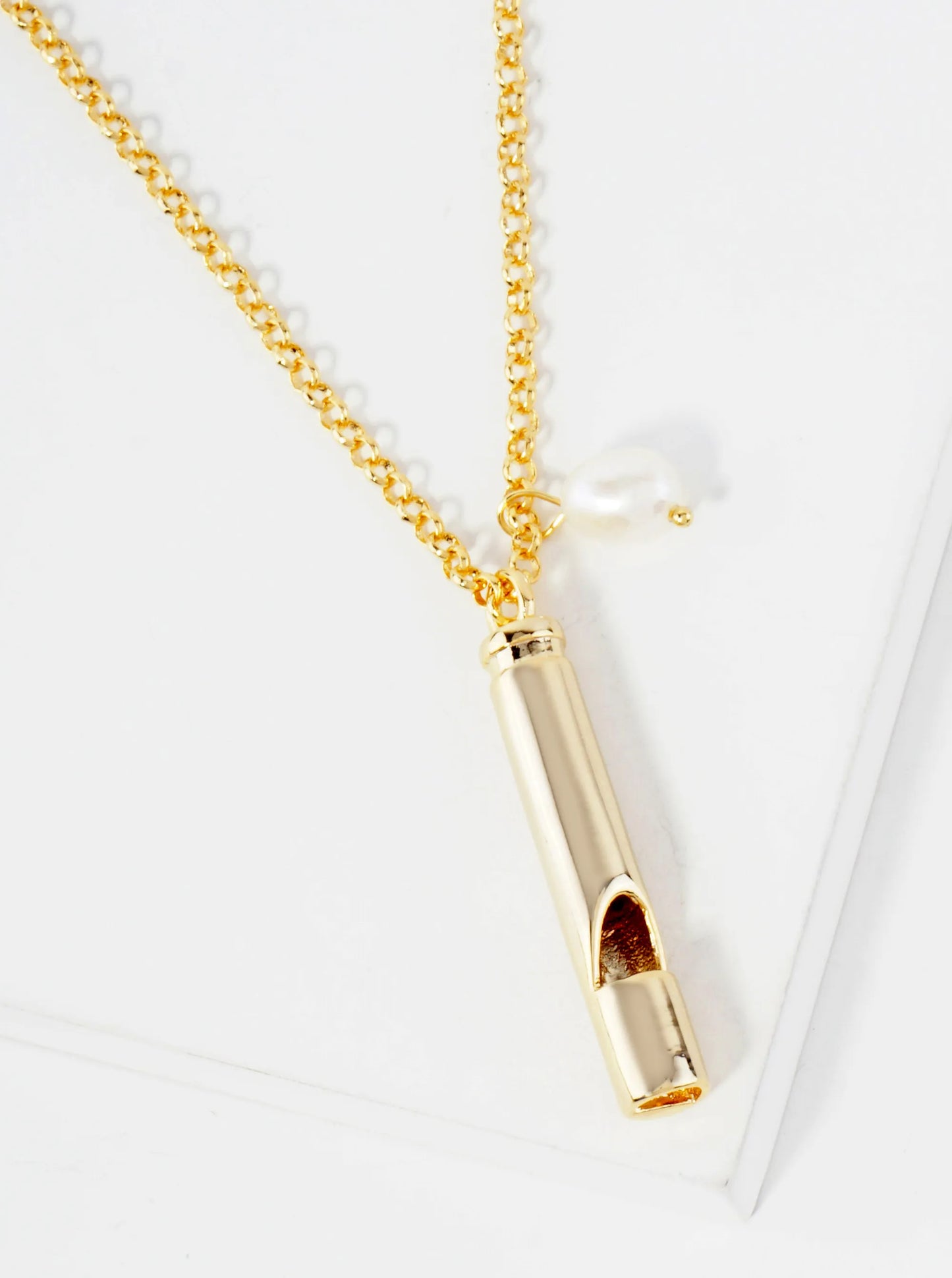 Polished Brass Safety Whistle With Pearl Pendant Hypoallergenic 18K-Gold-Dipped Necklace