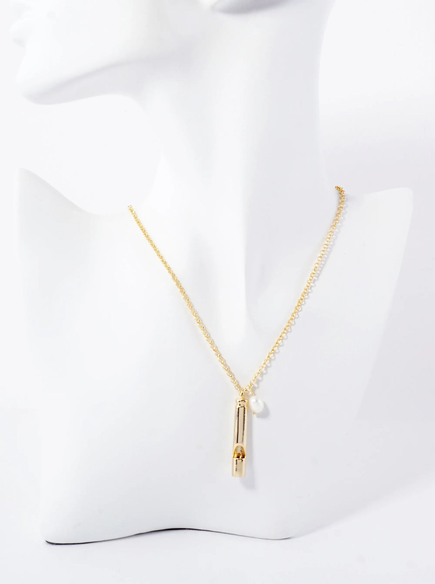 Polished Brass Safety Whistle With Pearl Pendant Hypoallergenic 18K-Gold-Dipped Necklace
