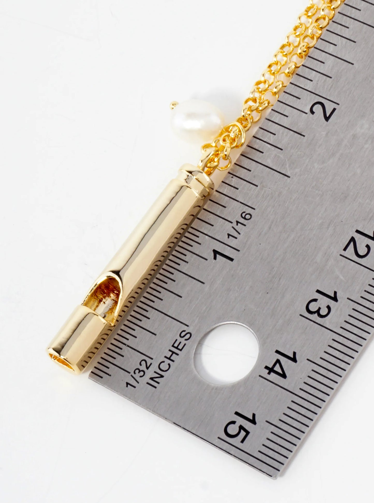 Polished Brass Safety Whistle With Pearl Pendant Hypoallergenic 18K-Gold-Dipped Necklace