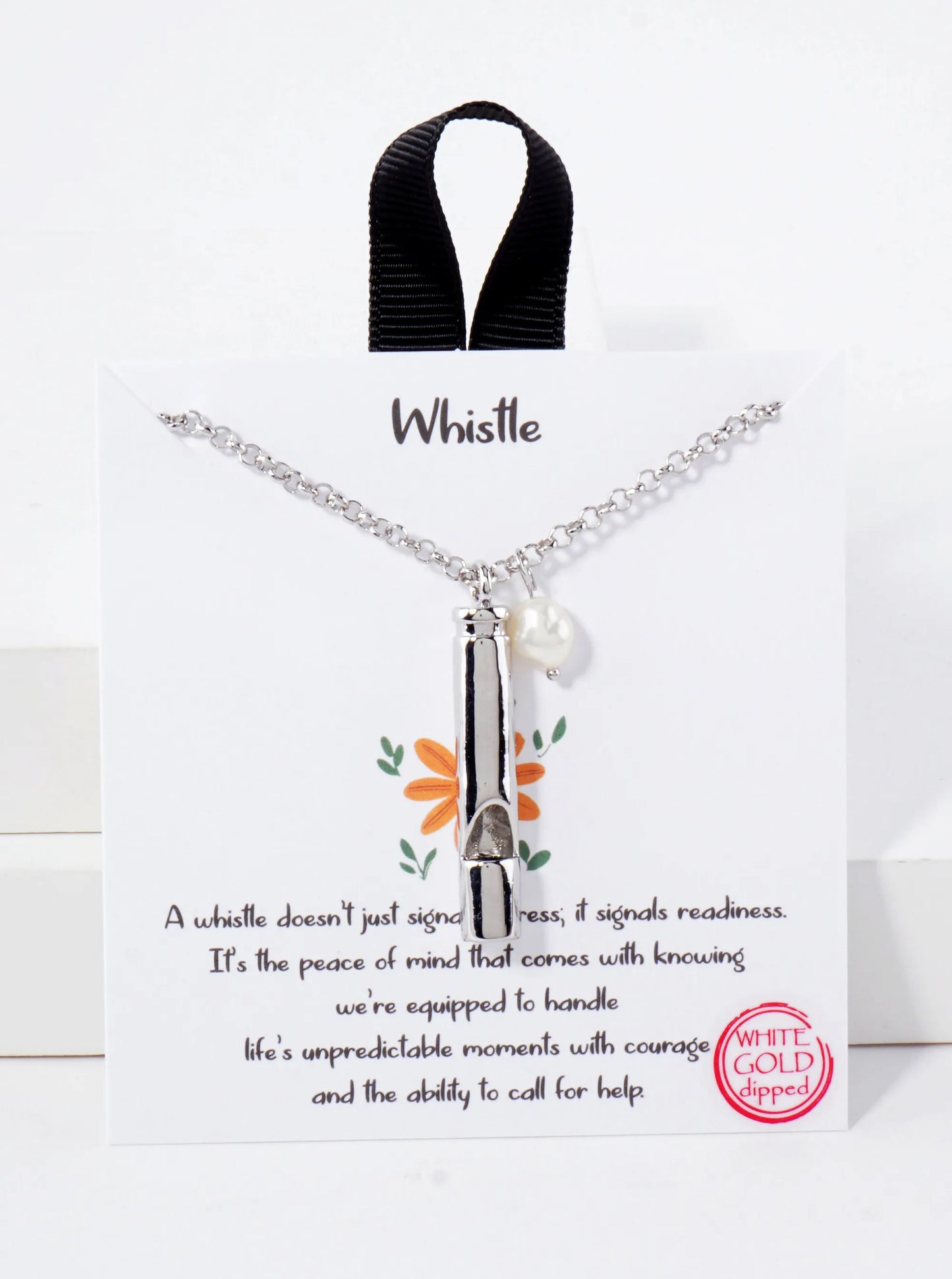 Polished Brass Safety Whistle With Pearl Pendant Hypoallergenic 18K-Gold-Dipped Necklace