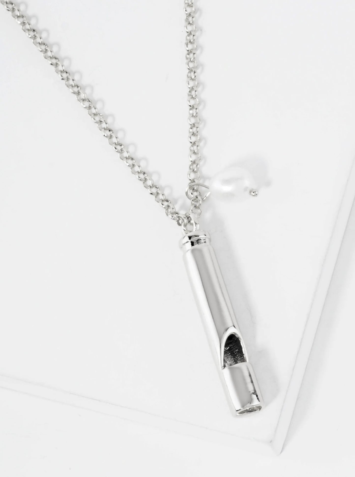 Polished Brass Safety Whistle With Pearl Pendant Hypoallergenic 18K-Gold-Dipped Necklace