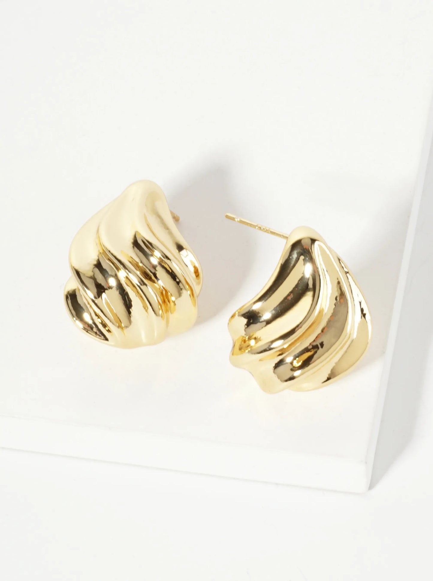 Polished Brass Sculpted Wave Teardrop 18K-Gold-Dipped Post Earrings