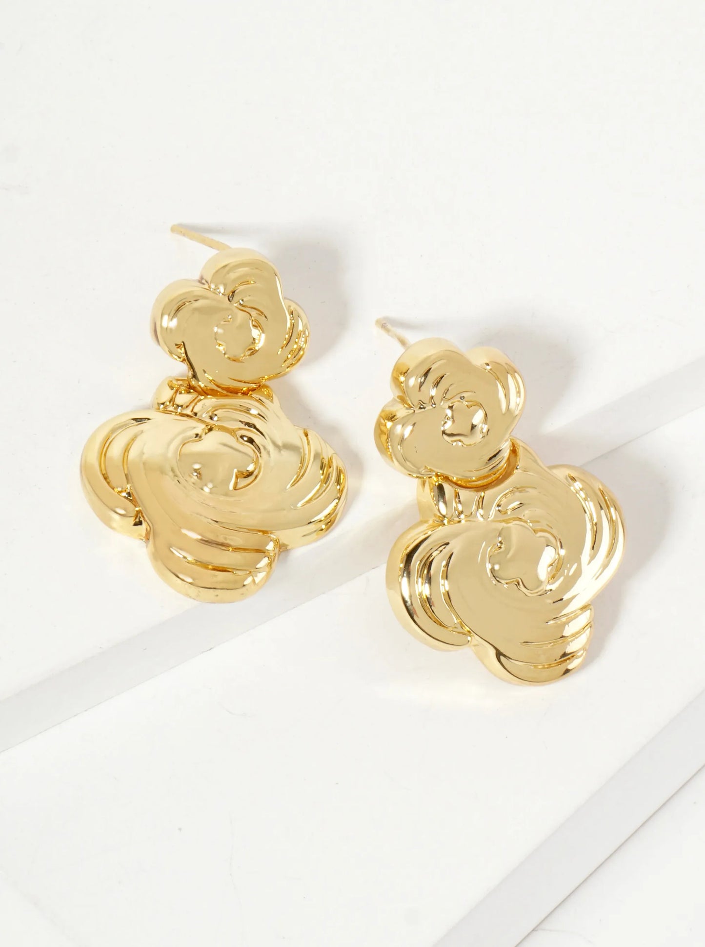 Polished Brass Textured Double Quatrefoil 18K-Gold-Dipped Dangle Earrings