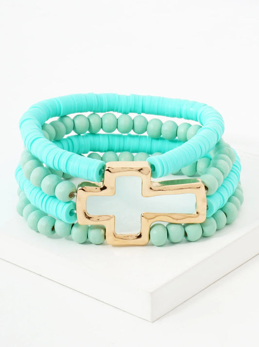 Polished Cross Accent Wood And Heishi Beads Layered Stretch Bracelet