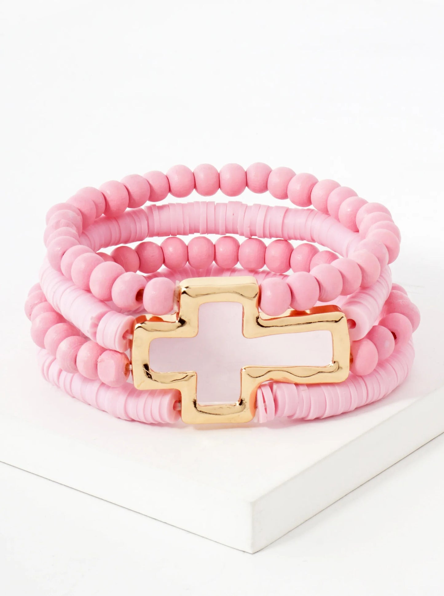 Polished Cross Accent Wood And Heishi Beads Layered Stretch Bracelet