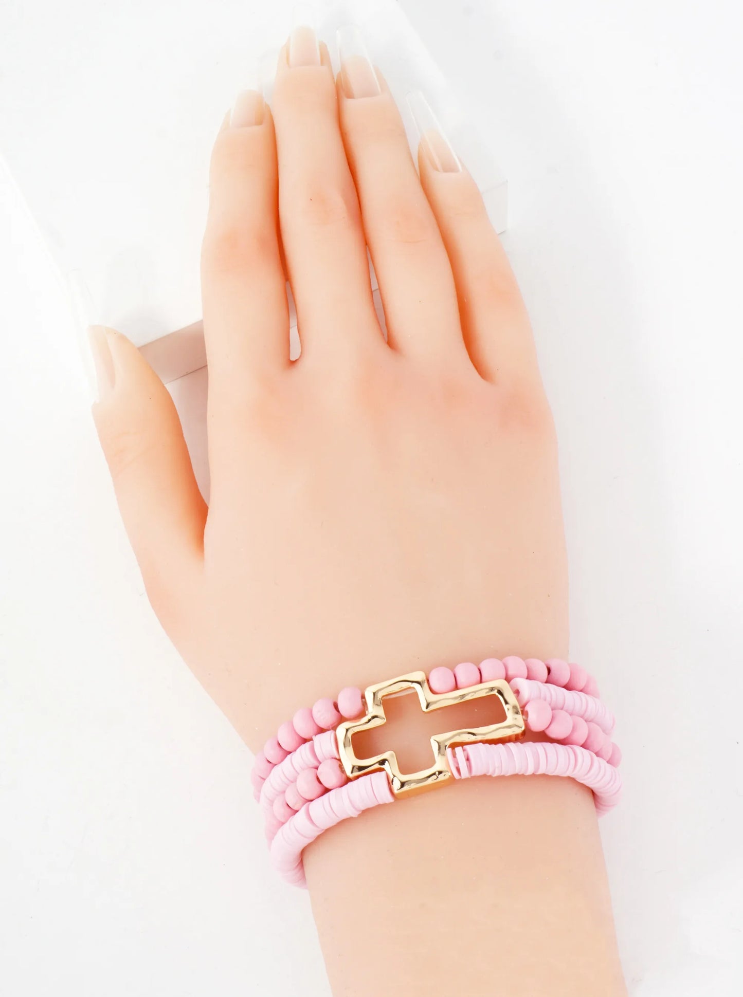 Polished Cross Accent Wood And Heishi Beads Layered Stretch Bracelet