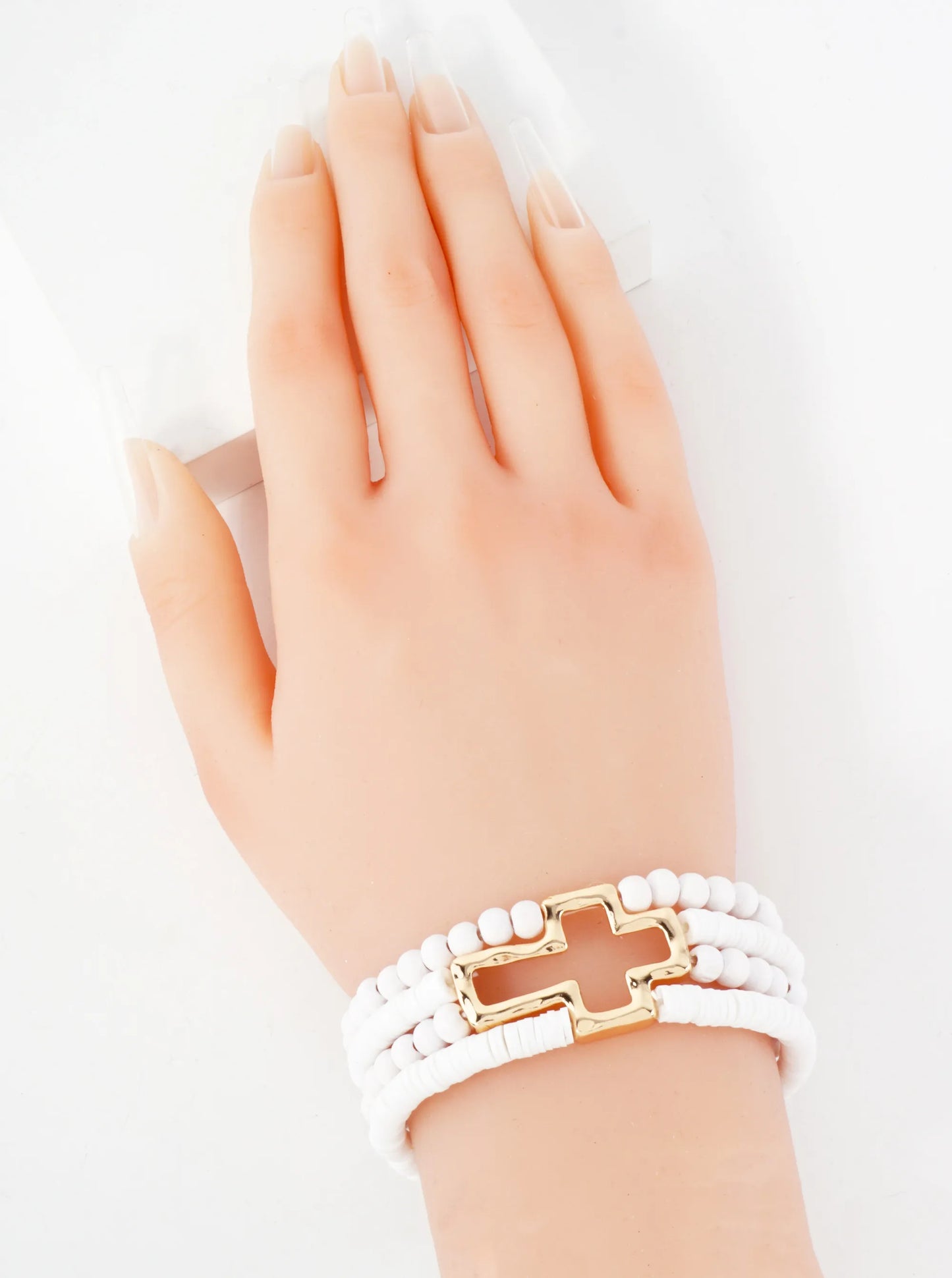 Polished Cross Accent Wood And Heishi Beads Layered Stretch Bracelet