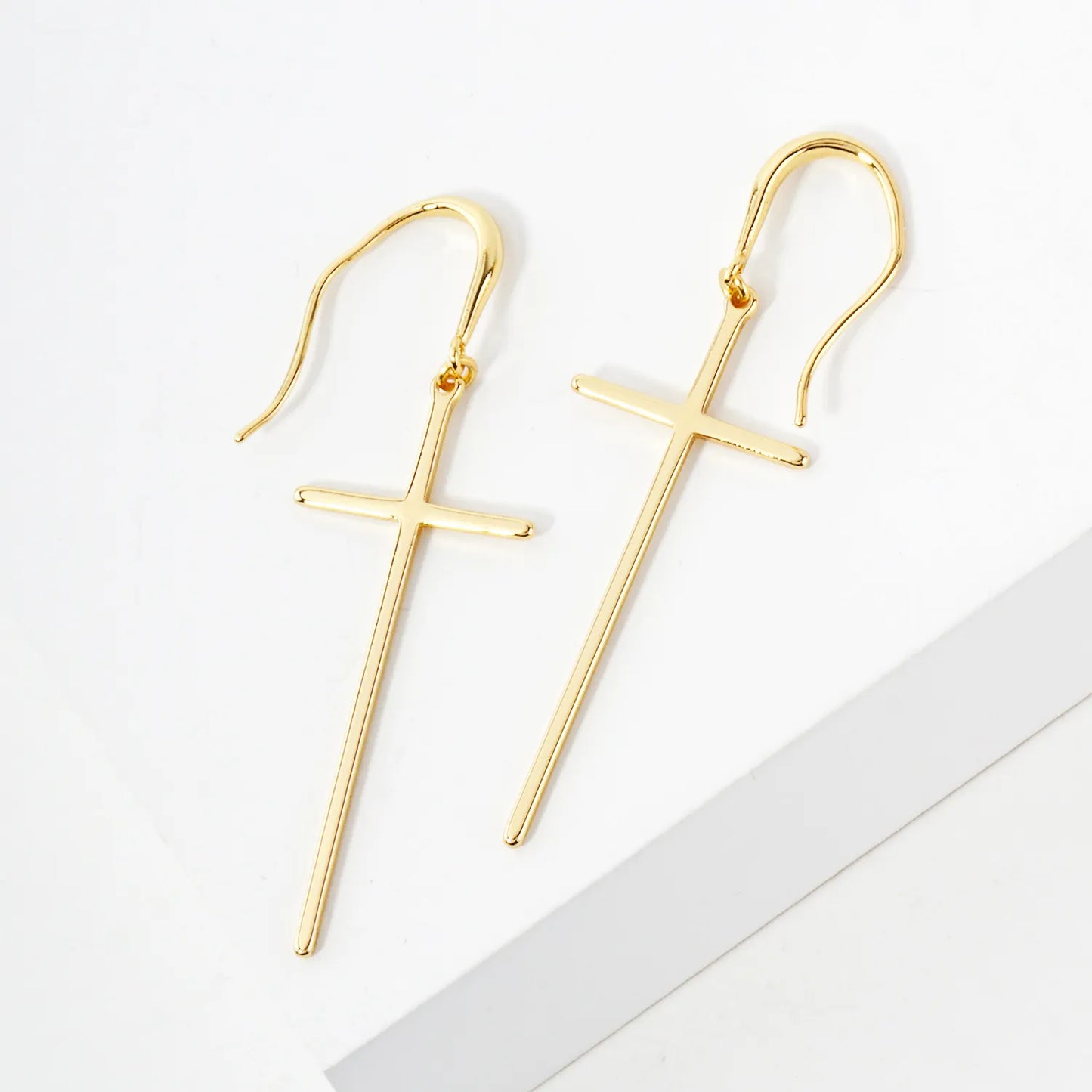 Polished Cross Drop 18K-Gold-Dipped Brass Earrings