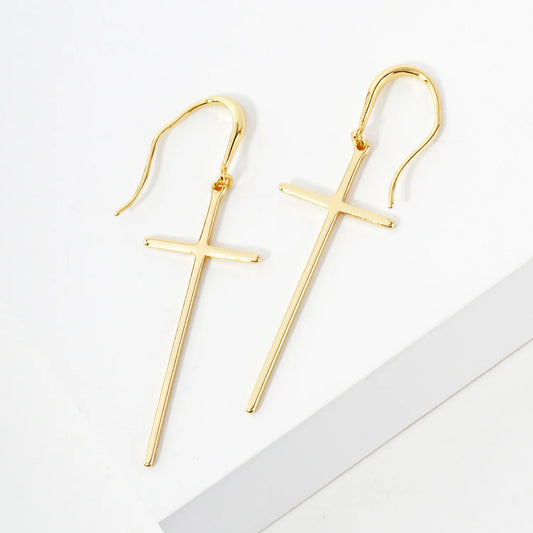 Polished Cross Drop 18K-Gold-Dipped Brass Earrings