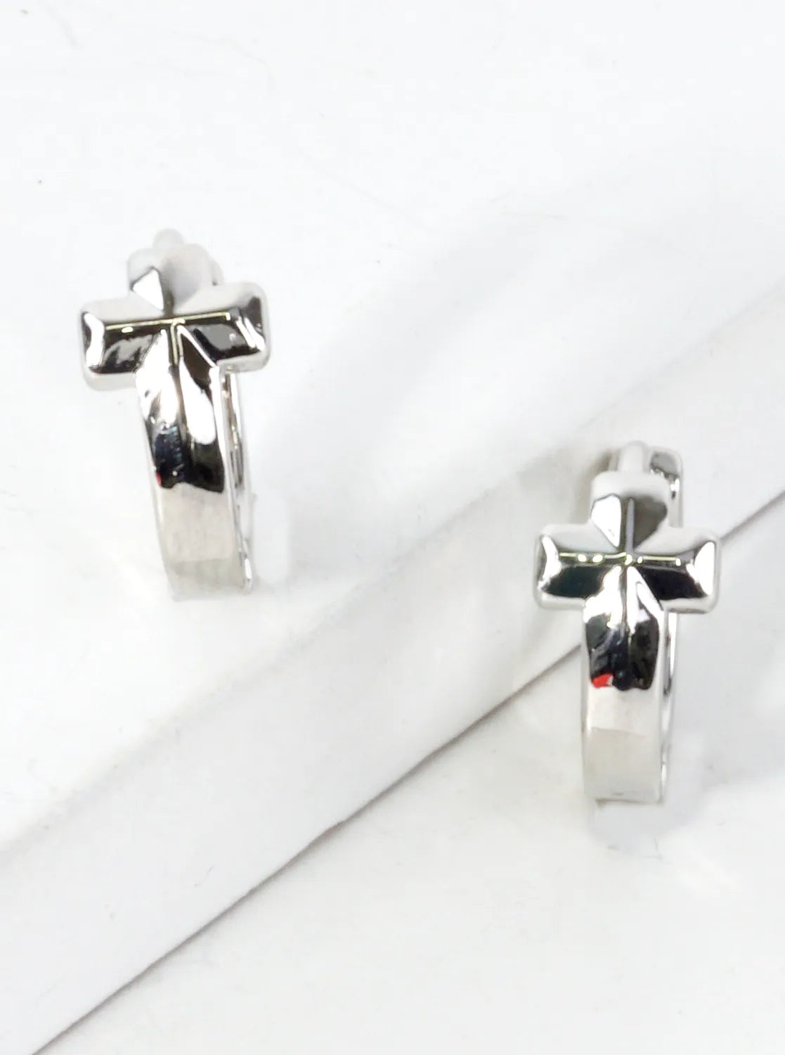 Polished Cross Huggie Hoop Earrings