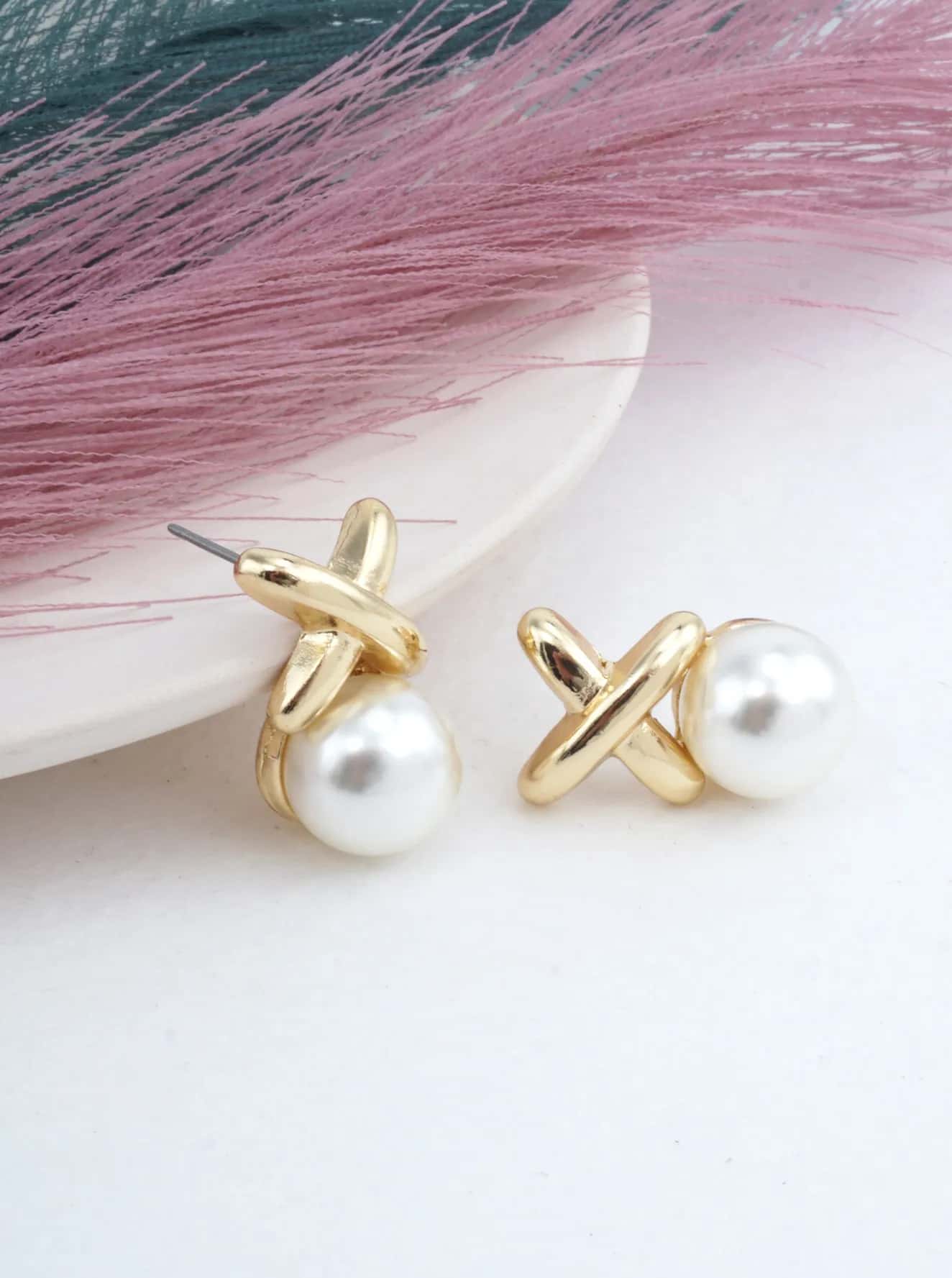 Polished Cross Over Resin Pearl Stud Earrings