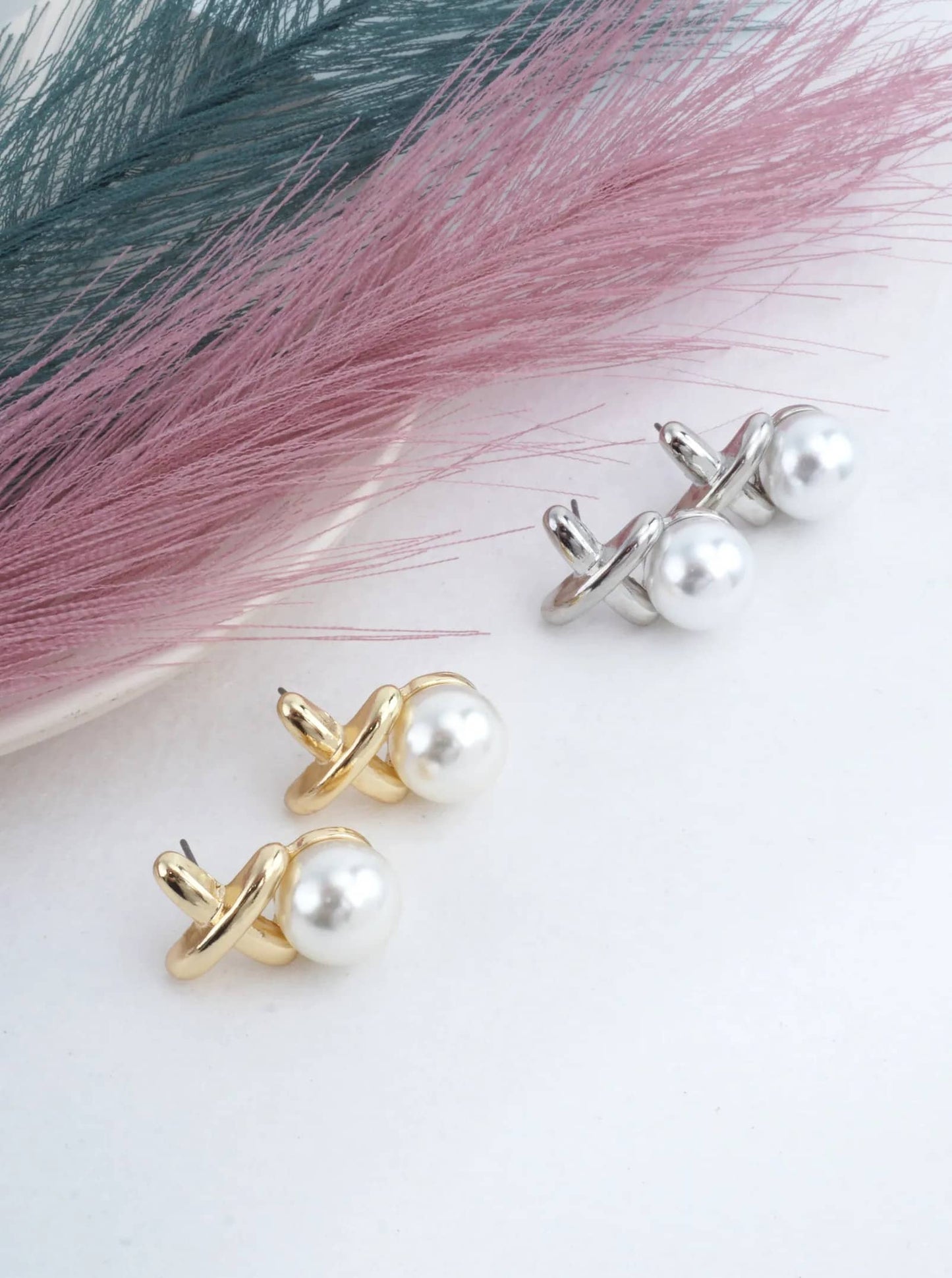 Polished Cross Over Resin Pearl Stud Earrings