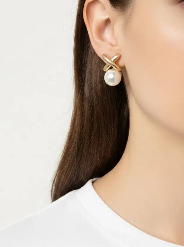 Polished Cross Over Resin Pearl Stud Earrings