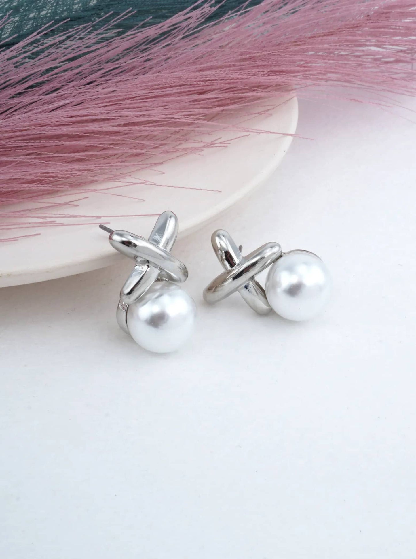 Polished Cross Over Resin Pearl Stud Earrings