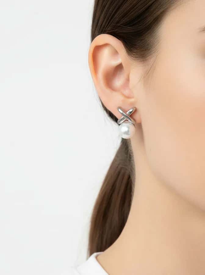 Polished Cross Over Resin Pearl Stud Earrings