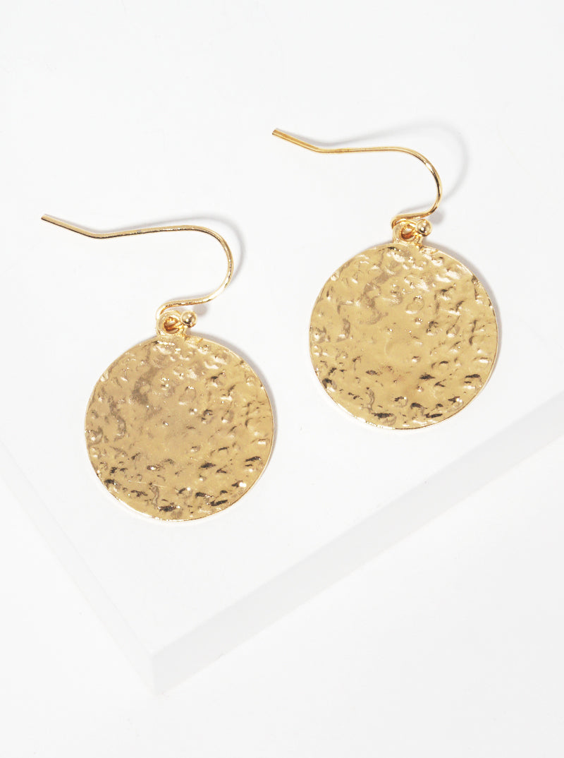 Polished Hammered Disc Fish Hook Dangle Drop Earrings
